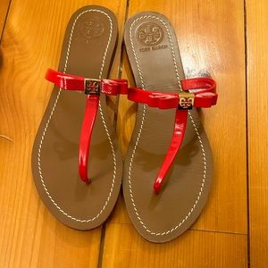 Tory Burch Leighanne Bow Saffiano Red Thong Sandals 10.5